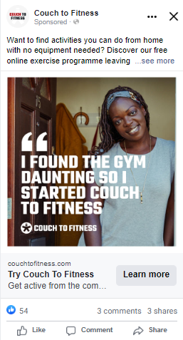An example Couch to Fitness social post showing the use of accessible language. It reads: If you want to get active but don't want to be locked into a gym contract, then why not try our FREE at home online fitness programme, funded by The National Lottery. The image in the post shows a single women smiling at the camera, with the caption: I found the gym daunting so I started Couch to Fitness.