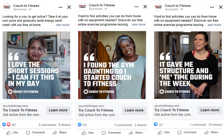 A collage of social posts by Couch to Fitness, showing a diversity in the type of women used in the images.