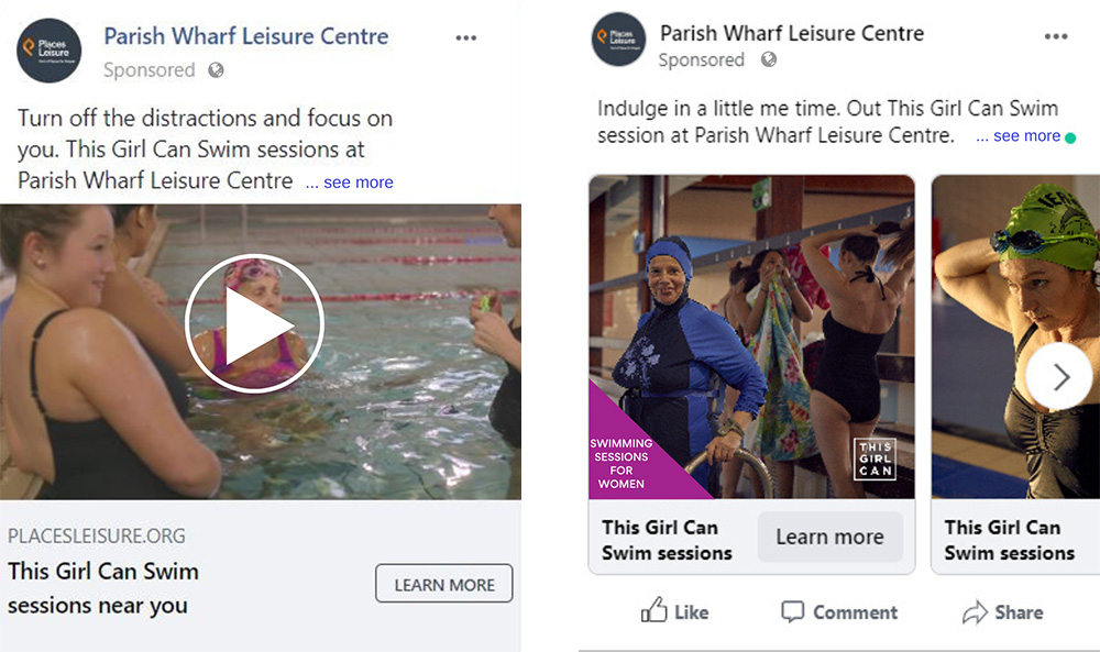 A collage of two social media ads - one showing a video ad, the other showing a carousel ad.