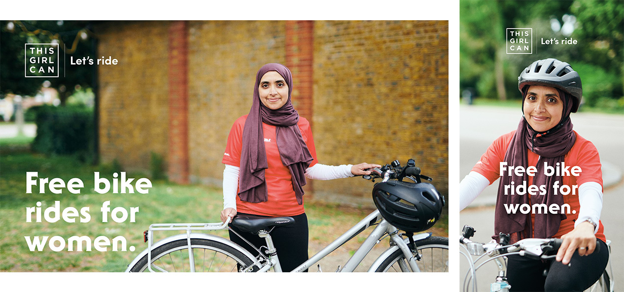 Two This Girl Can x British Cycling images, showing a cyclist standing next to their bike, and the same cyclist riding their bike.