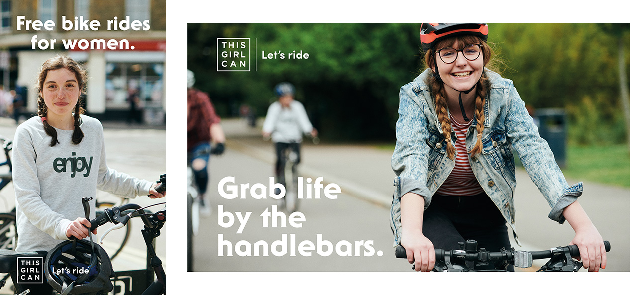 A collage of two images from the This Girl Can x British Cycling campaign, showing two different slogans.