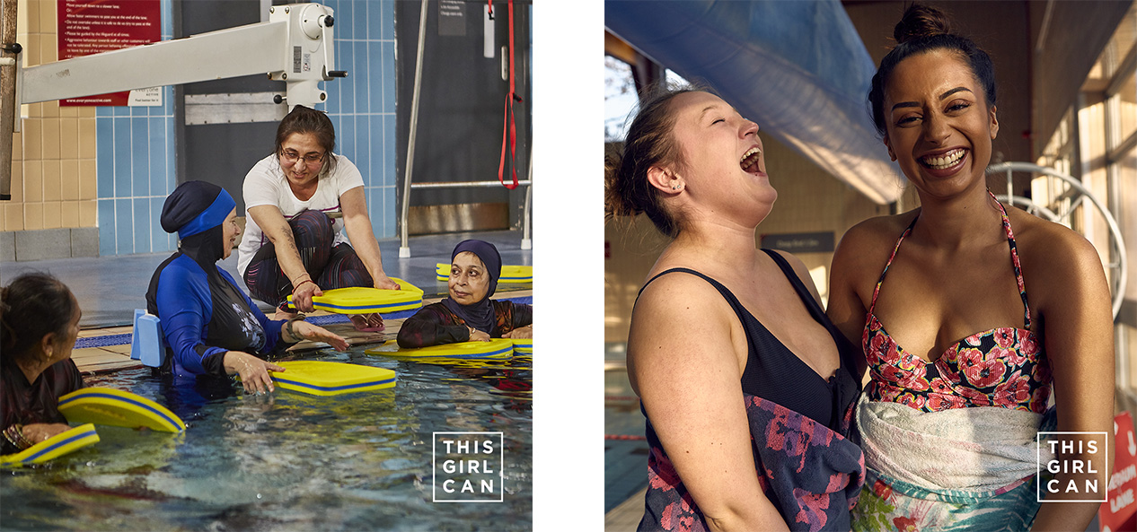 Two This Girl Can swim images, side by side, one showing an instructor helping women, the other showing two women laughing together
