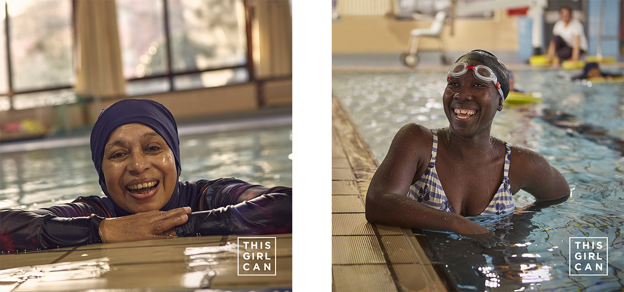 A collage of This Girl Can swim images, both of a single woman, in a swimming pool.