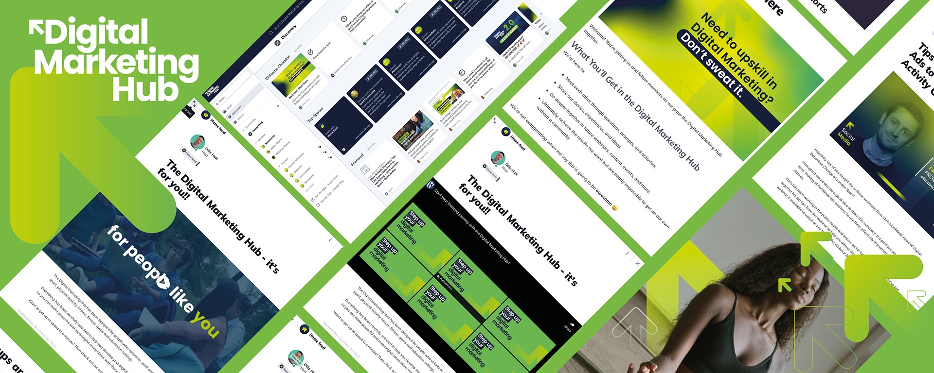 A decorative collage of screenshots from the Digital Marketing Hub website