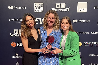 Claire Edwards (TGC head of activation), Becky Hipkiss (new business and marketing director at Hopscotch) and Dani Ward (TGC marketing activation manager) celebrate with their Sport Industry Award.