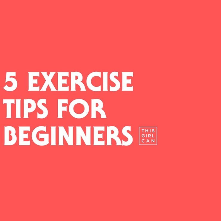 An image with white text on a red background, saying '5 exercise tips for beginners'.