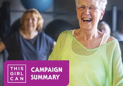 Cover of the Campain Summary document, with an older woman on the front, smiling and laughing as she takes part in an exercise class