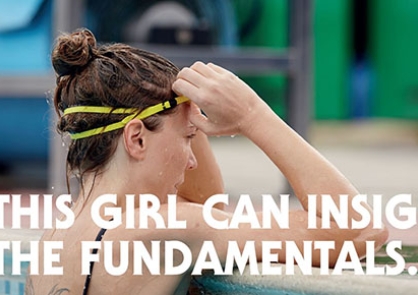 Front cover of The Fundamentals document - a woman at the side of a swimming pool, lifting up her goggles